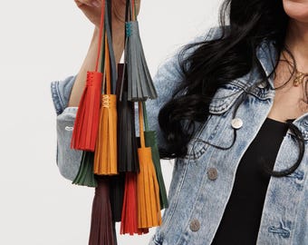 Personalized Leather Tassel Bag Charm: Initials Gift, 12 Colors  Small and Large tassels