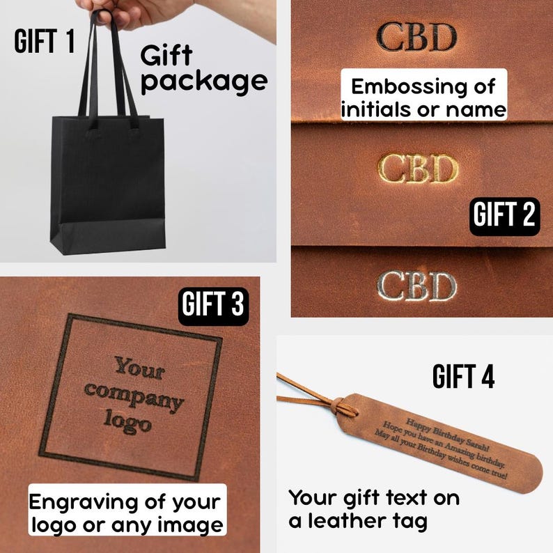 Pode incluir: Uma sacola de presente preta com al&ccedil;as e exemplos de presentes personalizados. Os presentes incluem iniciais em relevo no couro, grava&ccedil;&atilde;o de um logotipo da empresa e uma etiqueta de couro com texto personalizado. O texto na etiqueta diz "Feliz Anivers&aacute;rio Sarah!"