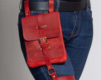 Red Leather Leg Bag: Unisex Thigh Bag, Personalized Gift