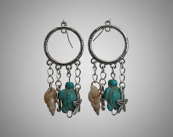 Beach Themed Dangle Earrings Seashells Turtles