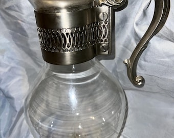 Vintage Glass Coffee Carafe Decanter Aluminum Lid & Decorative Band Handle 9”