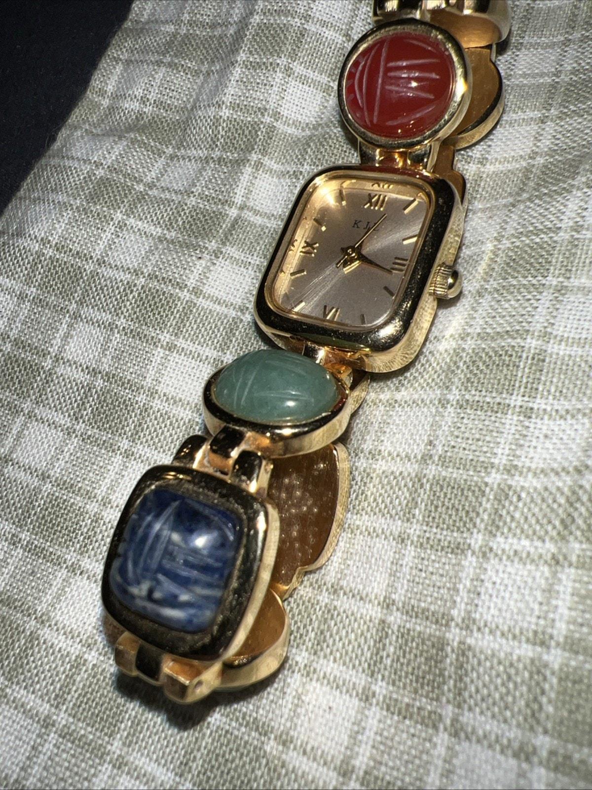 Gold-Tone Multi Cabochon Scarab Link Watch Bracelet - Tempus Scarab Watch Bracelet - Etsy main image 2