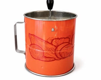 Vintage Hand-Crank Flour Sifter 1960s, Retro Orange Kitchen Decor