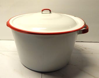 Vintage White Enamel Stock Pot with Red Rim