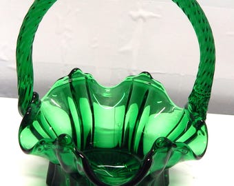 Vintage Emerald Green Fenton Art Glass Ruffled Swirl Twisted