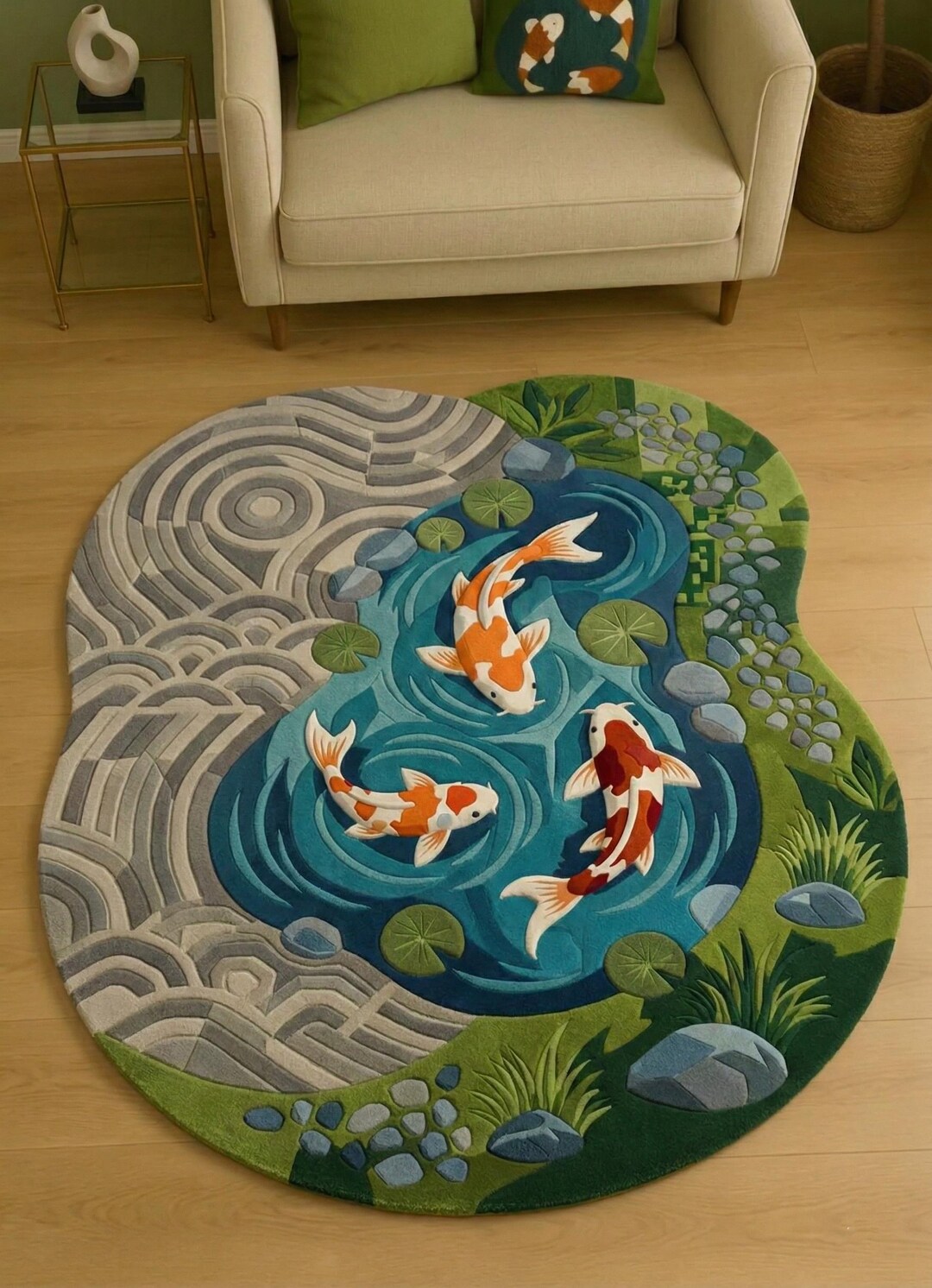 Pond Rug Design Koi Fish Rug | Wavy Pond Design Carpet | Japanese Zen Art Rug - Etsy