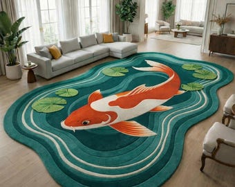 Hand-Tufted Wool Koi Fish Rug, Serene Pond Design