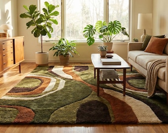 Mid Century Modern Shag Rug, Earth Tone Abstract Geometric Carpet