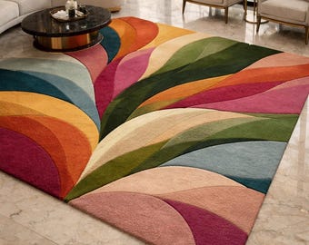 Hand-Tufted Abstract Wool Rug, Colorful Modern Living Room Carpet