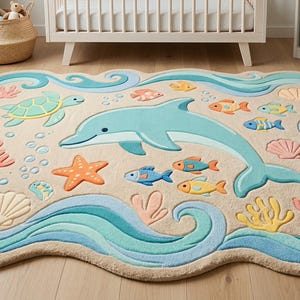 Kids ocean theme rug with dolphin design, colorful fish, starfish and coral, pastel tufted nursery rug for baby room decor