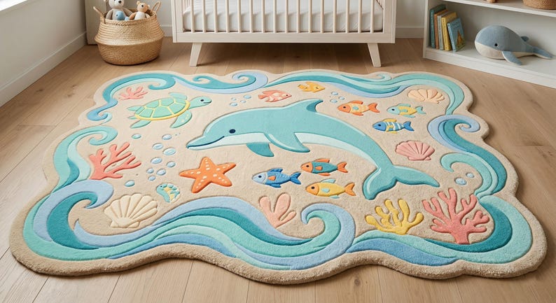 Kids ocean theme rug with dolphin design, colorful fish, starfish and coral, pastel tufted nursery rug for baby room decor
