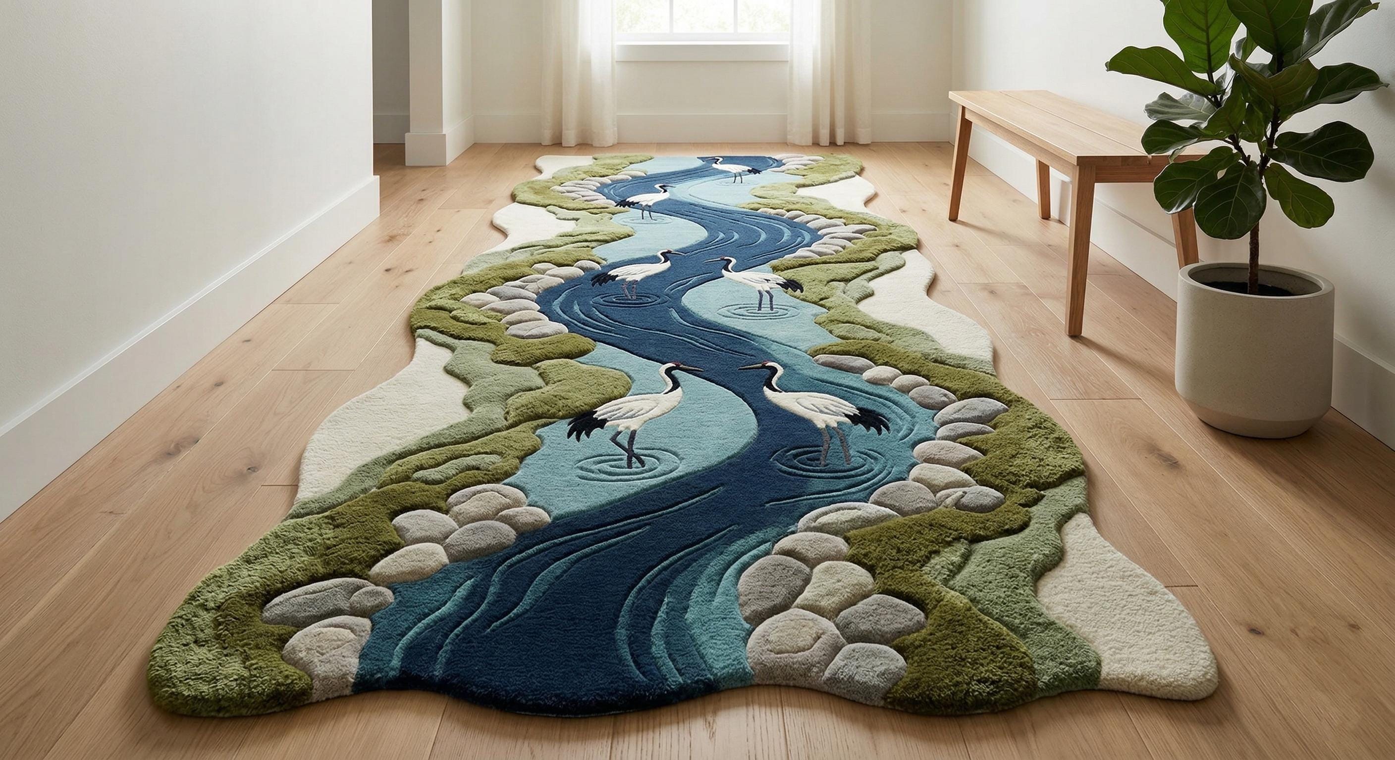 Hand Tufted Wool River Rug With Crane Birds, Organic Abstract Nature ...