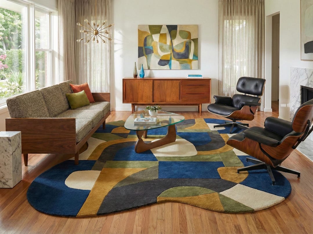 Mid-century Modern Abstract Area Rug – Retro Geometric Pattern, Blue ...