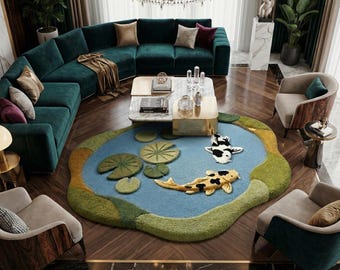 Koi Fish Hand-Tufted Wool Rug | Artistic Pond Scene