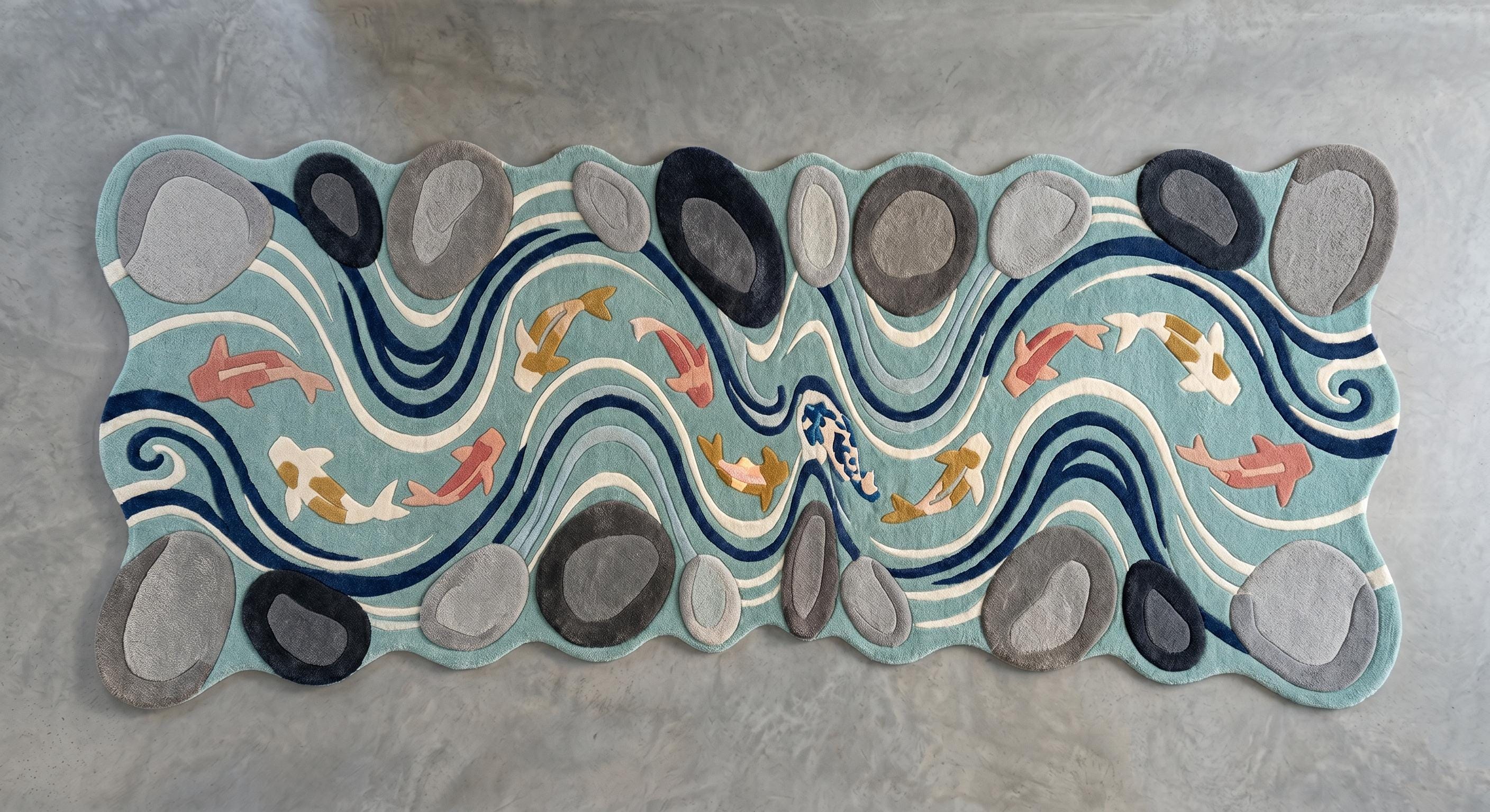 Luxury Handmade Koi Fish Runner Rug, Sculpted Abstract Water Carpet ...