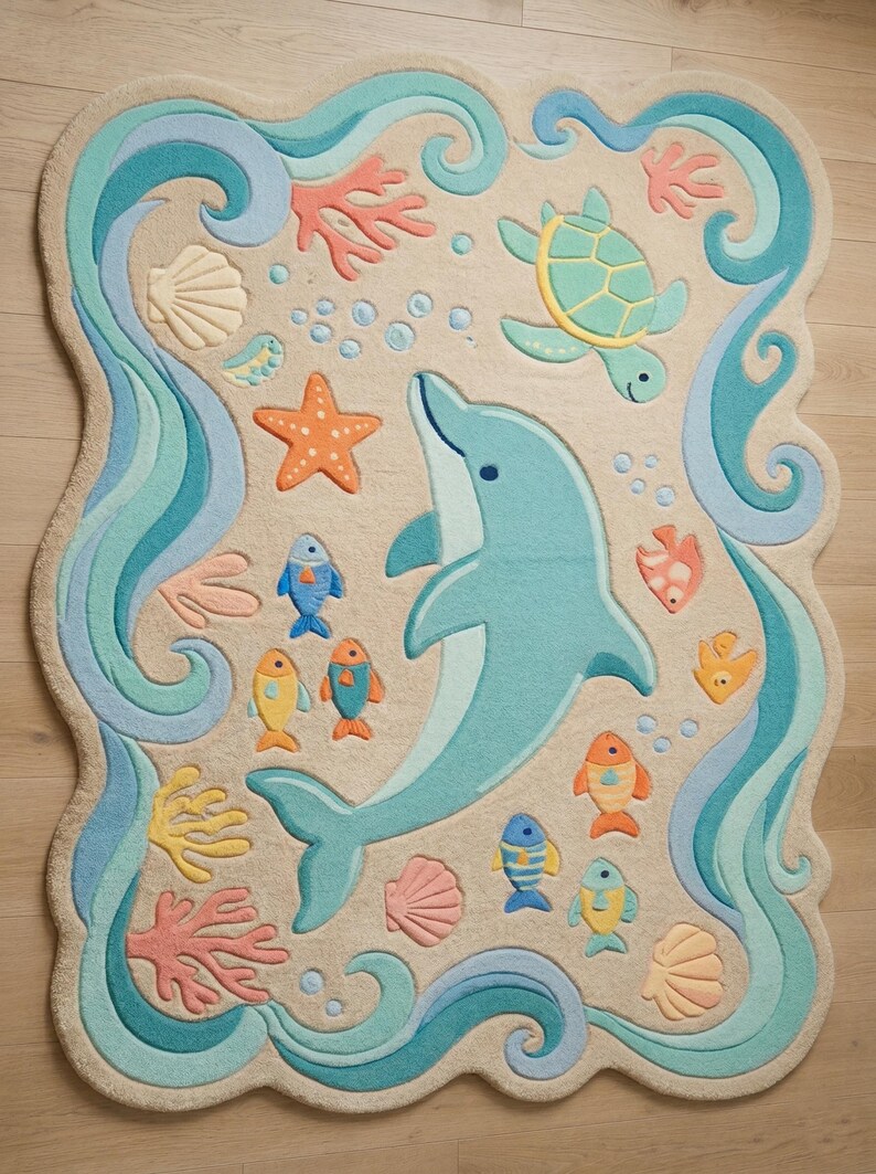 May include: A whimsical, ocean-themed rug featuring a light blue dolphin, colorful fish, a sea turtle, starfish, and coral. The rug has a beige background with blue and teal wave-like borders and accents. The rug is shaped with a scalloped edge.