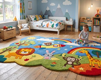 Alfombra infantil colorida, alfombra de juegos con arcoíris de animales, decoración para guardería