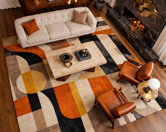 Mid Century Modern Abstract Wool Area Rug, Earth Tones