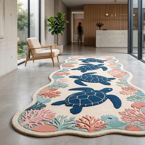 May include: An elongated, cream-colored area rug with an irregular, wavy edge. The rug features a repeating pattern of three dark blue sea turtles swimming in a line, surrounded by textured coral and sea life motifs in shades of pink and teal.