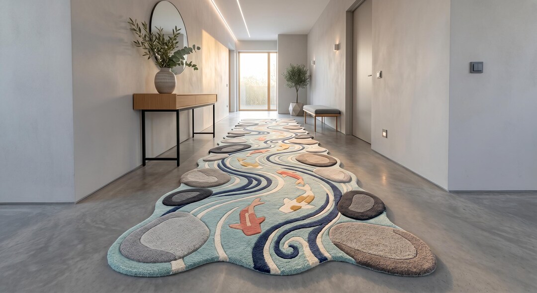 Luxury Handmade Koi Fish Runner Rug, Sculpted Abstract Water Carpet ...