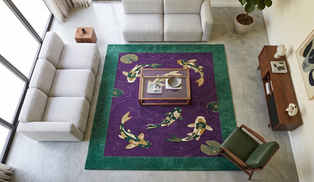 Fish Tuft Rug Hand Tufted Wool Koi Fish Area Rug, Japanese Pond Design Carpet - Etsy
