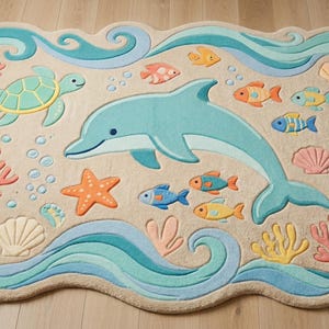 Ocean Theme Rug: Dolphin, Turtle, Fish Nursery Playroom Carpet image 2