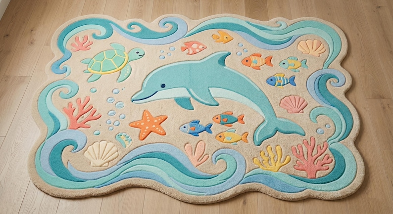 Ocean Theme Rug: Dolphin, Turtle, Fish Nursery Playroom Carpet image 2