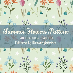 Pode incluir: Um padrão repetitivo num fundo verde claro com flores cor de laranja, cor-de-rosa e azuis e estrelas brancas. Uma faixa azul horizontal no centro exibe o texto Summer Flowers Pattern, 4000x4000px, 400DPI, Patterns by BloomingInPrints.