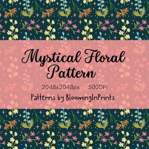 Pode incluir: Padrão digital com um design floral azul escuro com flores amarelas, rosa e laranja. O texto "Mystical Floral Pattern" é exibido em um fundo rosa, com o texto "Patterns by BloomingInPrints".