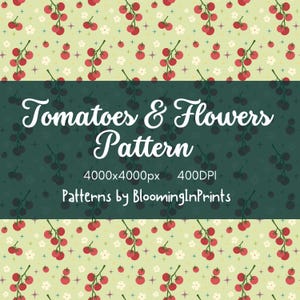 Pode incluir: Padrão repetitivo com tomates vermelhos em caules verdes, flores brancas e pequenas estrelas azuis sobre um fundo verde claro. O texto "Tomatoes & Flowers Pattern" é exibido em uma faixa verde escura.
