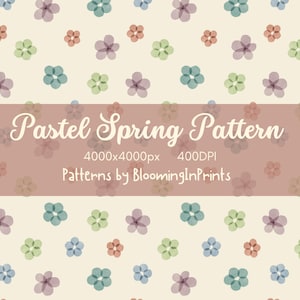 Pode incluir: Um padrão de superfície digital com um motivo repetitivo de pequenas flores translúcidas de cinco pétalas em tons de azul, verde, roxo e pêssego sobre um fundo creme. O texto diz: Pastel Spring Pattern 4000x4000px 400DPI Patterns by BloomingInPrints.