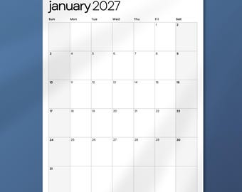 Calendario mensile 2027 / Planner dal design minimalista / Inizio domenica o lunedì / Formati A4 e lettere USA