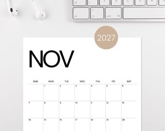 Calendario mensile minimalista 2027: planner stampabile (inizio domenica o lunedì)