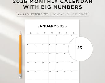 Large Print Monthly Calendar 2026 | Sunday & Monday Start | Big Numbers Wall Calendar | A4 and Letter Size | Instant Download