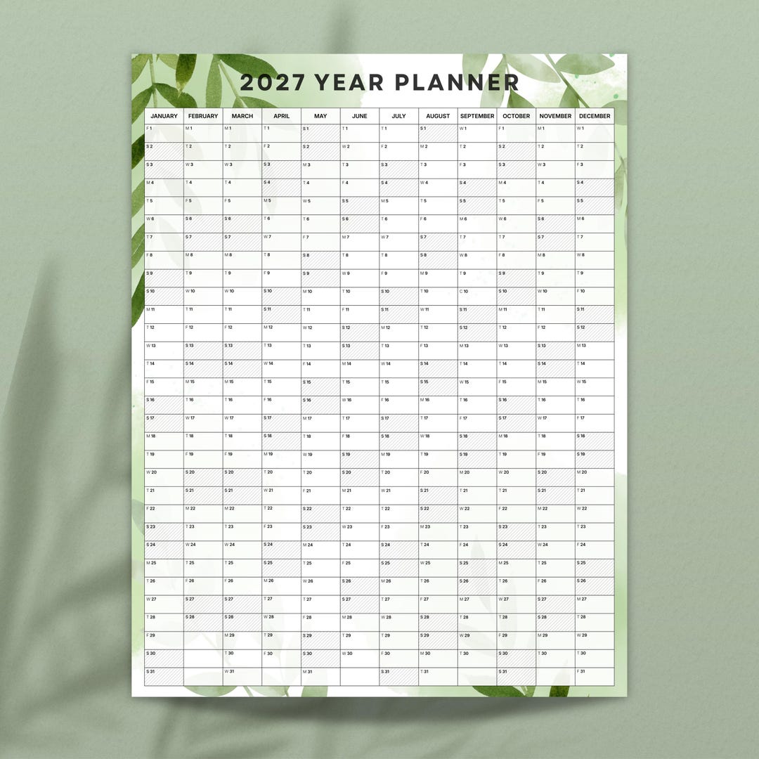 2027 Year Planner Printable | Watercolor Green Leaves Year at a Glance ...