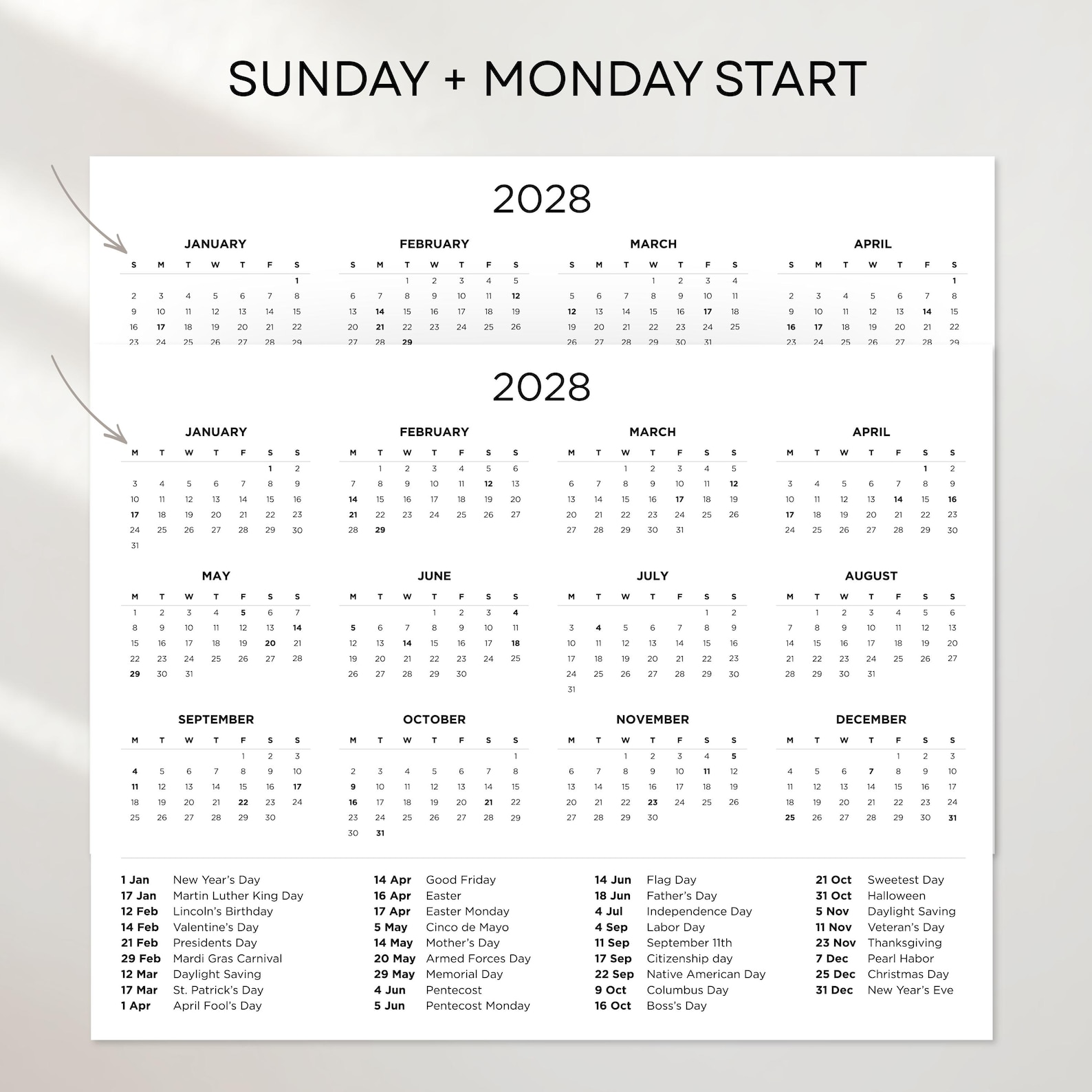 2028 Yearly Calendar With Holidays | Printable Year Overview | Minimal