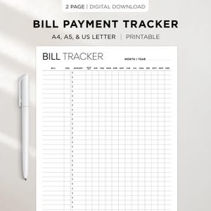 Op de afbeelding: Een afdrukbare factuurbetalings-tracker met de titel "BILL PAYMENT TRACKER" in vette zwarte letters. Het document bevat secties voor vervaldatums, bedragen en een maandkalender. Een witte pen ligt aan de linkerkant. Beschikbaar in A4, A5 en US Letter.