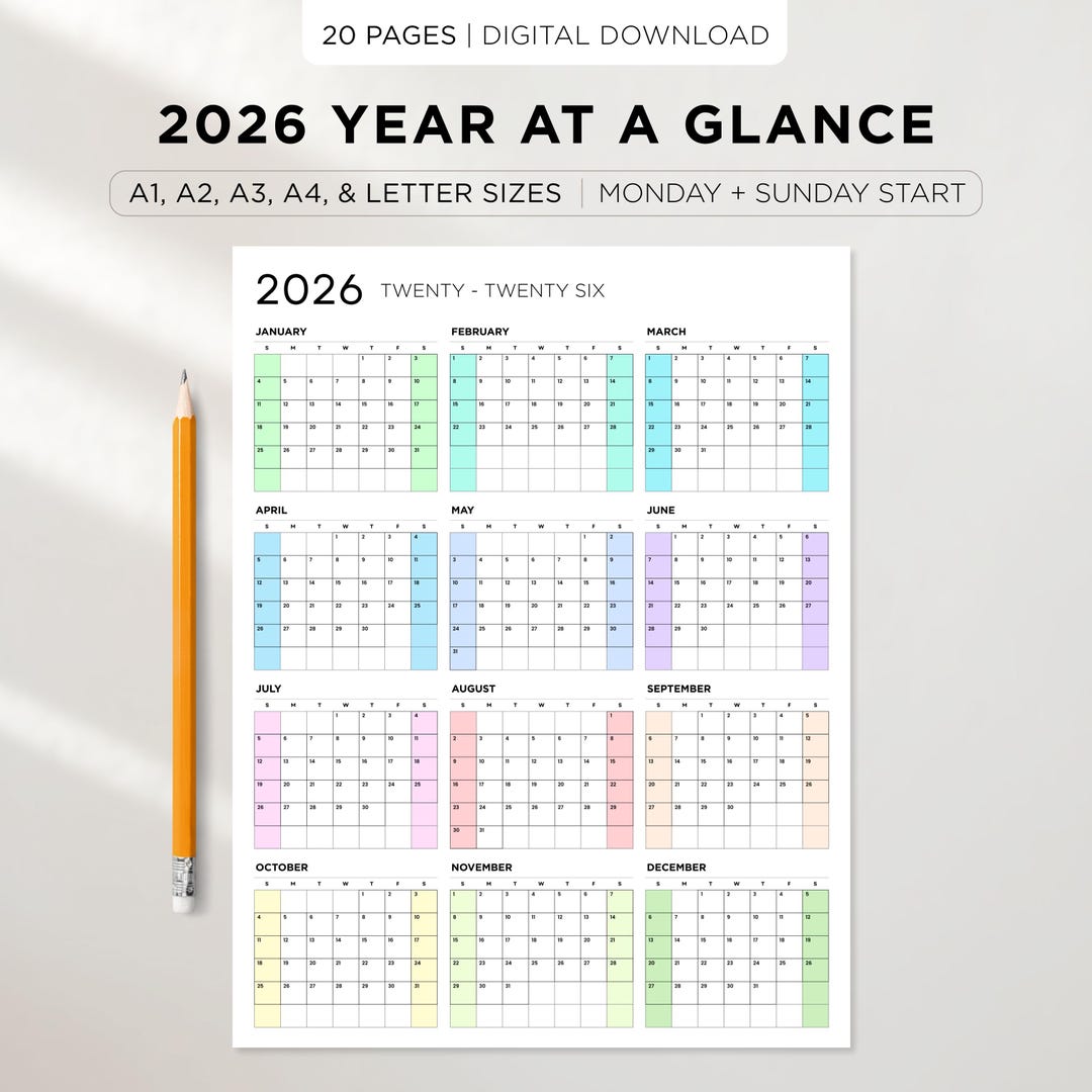 2026 Year at a Glance Wall Calendar, Large Poster Sizes, Minimalist ...