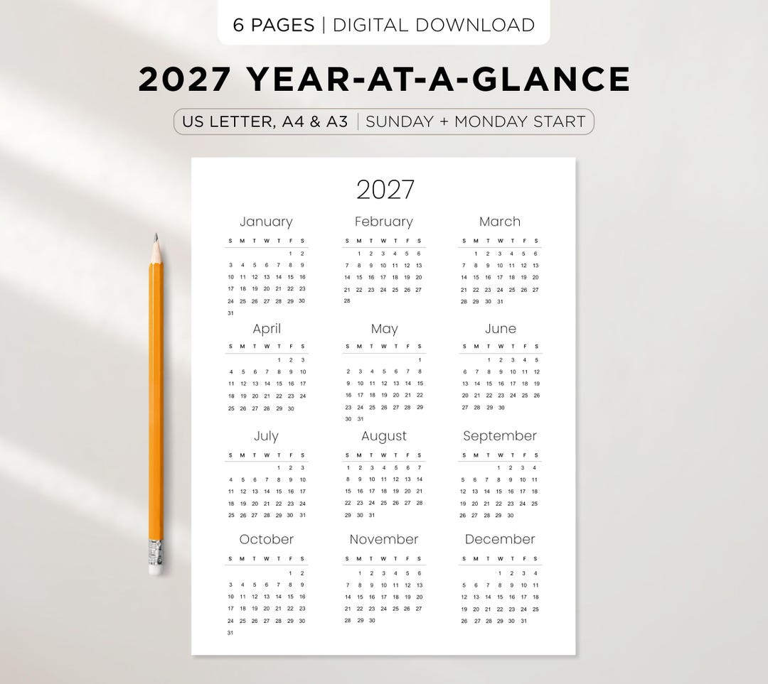 2027 Yearly Calendar Printable | Year at a Glance | Minimal Year ...
