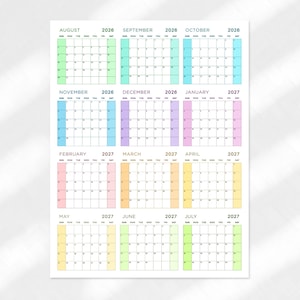May include: A 12-month wall calendar starting in August 2026 and ending in July 2027. Each month is displayed in a grid format with colour-coded columns for weekends. The months are labelled with their names and years in a clean, sans-serif font.