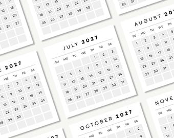 Mini 2027 Kalender zum Ausdrucken | 3 x 3 Zoll Monatsplaner | Sonntag & Montag Start | Mini Kalender | Sofort Download