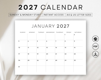 2027 Monthly Calendar Printable | Sunday & Monday Start | Big Numbers Wall Calendar | A4 and Letter Size | Instant Download