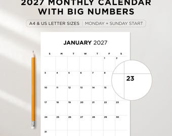 Large Print Monthly Calendar 2027 | Sunday & Monday Start | Big Numbers Wall Calendar | A4 and Letter Size | Instant Download