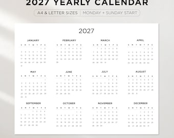 2027 Yearly Calendar Landscape | Minimal Wall Planner | Year Overview Printable | A4, US Letter Sizes | Sunday & Monday Start