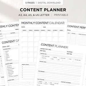 May include: A digital download of a content planner with five pages. The planner includes sections for weekly and monthly content calendars, content ideas, and platform focus. The planner is available in A3, A4, A5, and US Letter sizes.