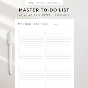 May include: A white printable to-do list with the text "MASTER TO-DO LIST" at the top. The list includes space for the date and multiple lines for tasks. A white pen is on the left side of the page. The text "A3, A4, A5, & US LETTER | PRINTABLE" is also visible.