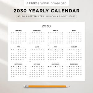 Könnte beinhalten: Ein Jahreskalender 2030 mit weißem Hintergrund, monatlichem Layout und Wochenbeginn am Montag und Sonntag. Erhältlich in A3, A4 und Letter-Größe. Ein Bleistift liegt unten.