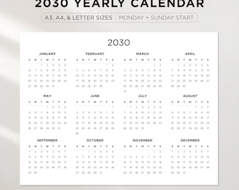 2030 Yearly Calendar Printable | Year at a Glance | Annual Calendar | Sunday & Monday Start | Instant Download