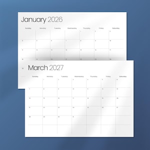 May include: Two white calendars, one on top of the other, against a blue background. The top calendar is for January 2026, and the bottom calendar is for March 2027. Each calendar displays the days of the week and dates.