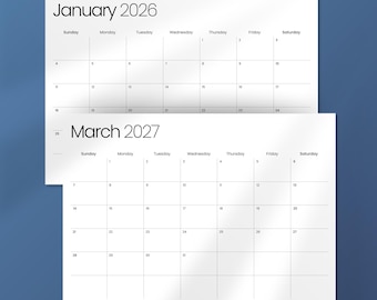 Eenvoudige kalender 2026–2027 | Maandplanner voor twee jaar | Afdrukklare kalender | Zondag Maandag Start | Liggende lay-out